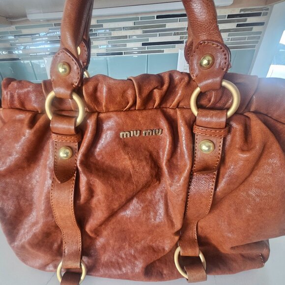 Miu Miu Brown Vitello Lux Leather Gathered Tote Handbang - Picture 1 of 6
